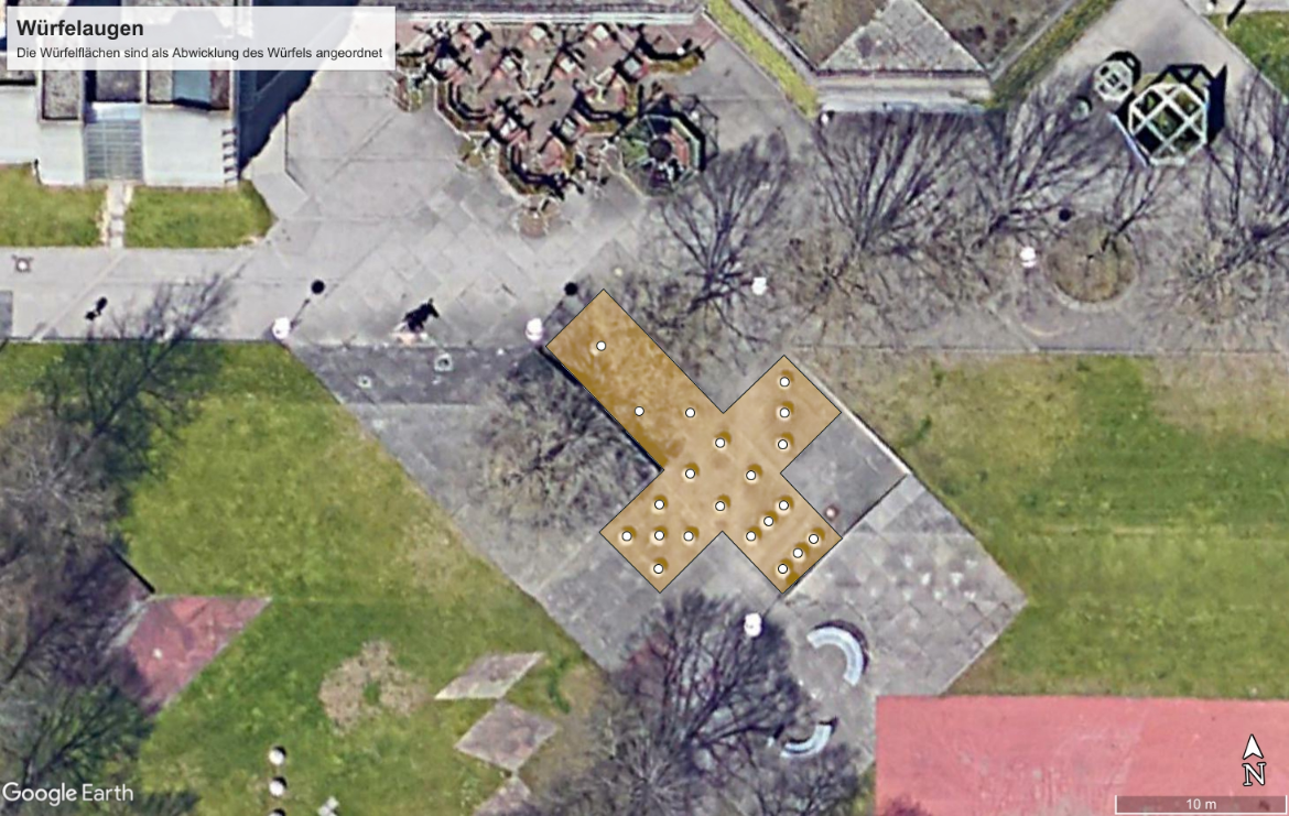 Luftbild des Campus mit eingezeichnetem Würfelnetz 